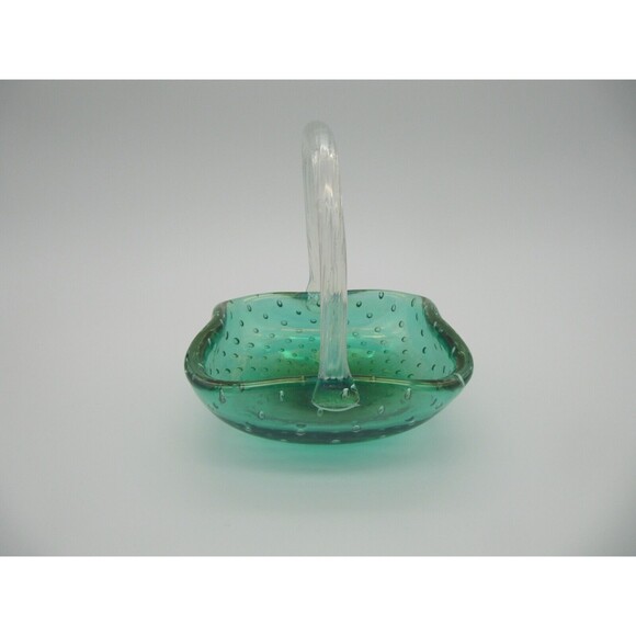 Iridescent Green with Controlled Bubbles Clear Handle Basket Art Glass 5"x5" - Picture 6 of 6